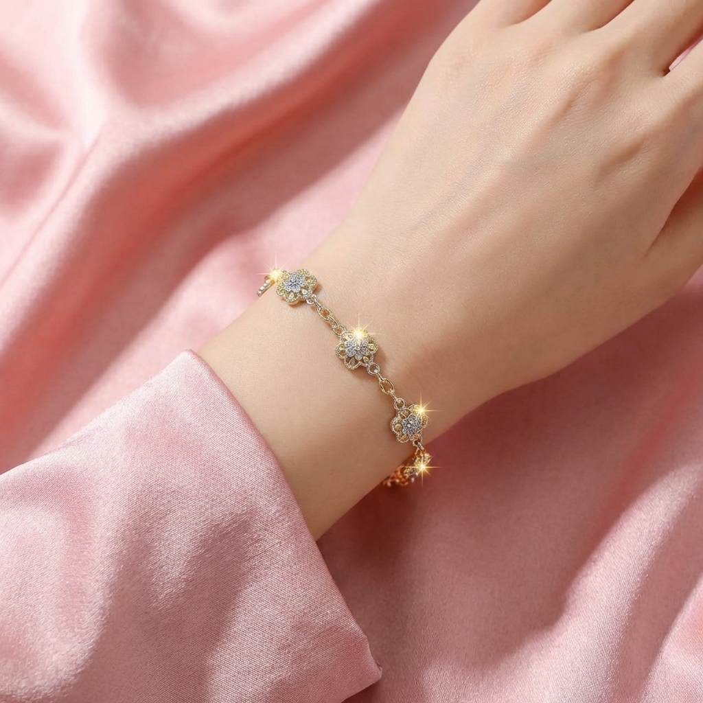 Lắc Tay Bạc 999 Cho Nữ - Hoa Đính Đá Xanh Xi Vàng - LTB999N016