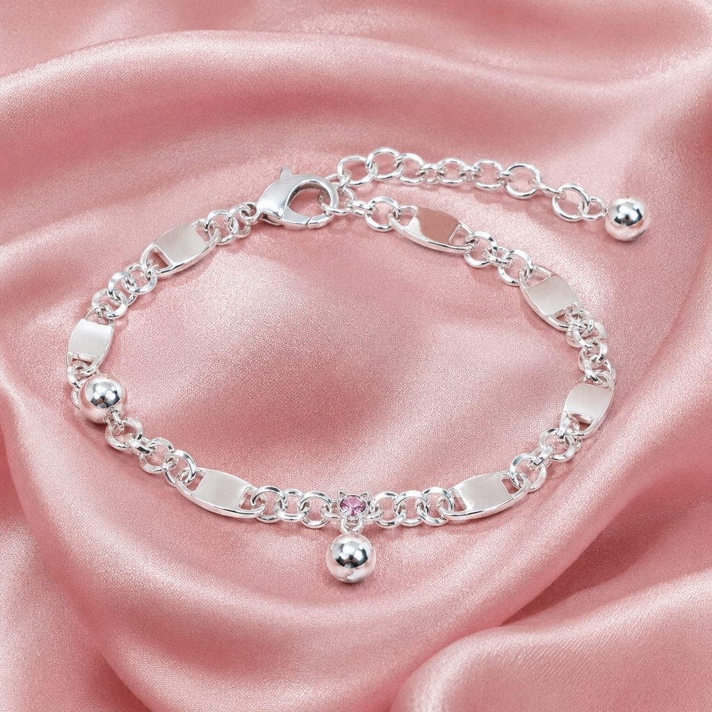 Lắc Tay Bạc Trơn Cho Bé - Mắt Xích Oval Charm Chuông - LTTB002