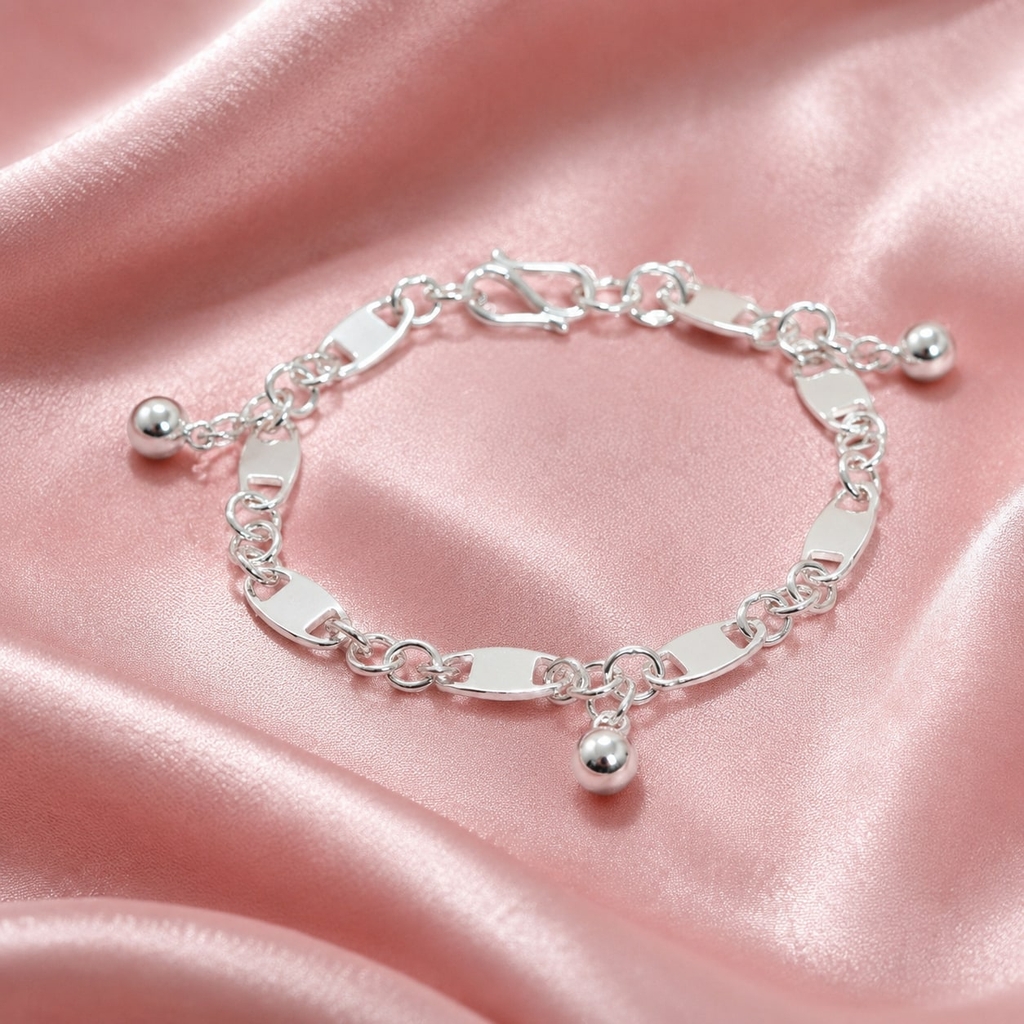 Lắc Tay Bạc Trơn Cho Bé - Mắt Xích Oval Charm Chuông - LTTB002