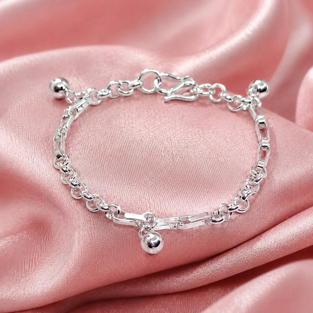 Lắc Tay Bạc Trơn Cho Bé - Mắt Xích Oval Charm Chuông - LTTB002