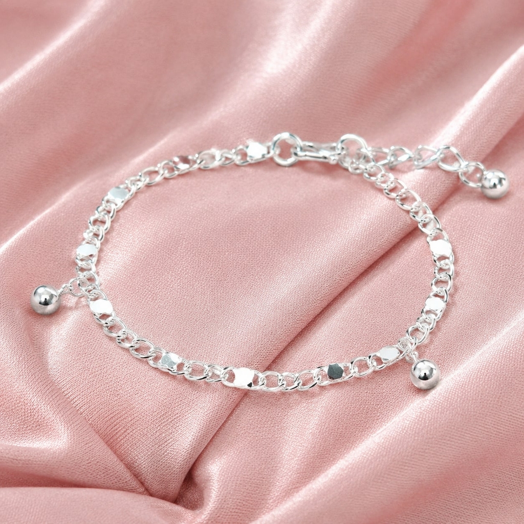 Lắc Tay Bạc Trơn Cho Bé - Mắt Xích Oval Charm Chuông - LTTB002