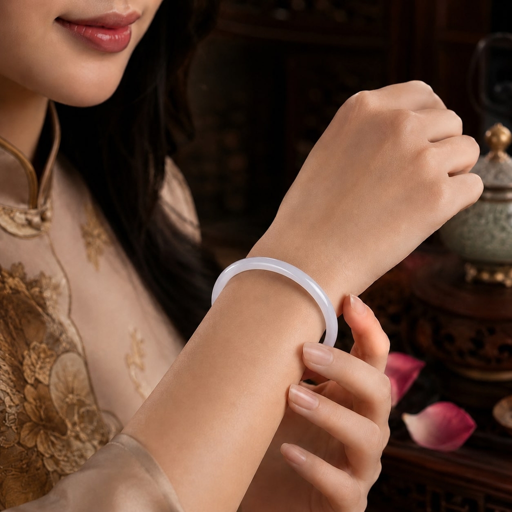 Vòng Đá Chalcedony Trắng Bản Đũa 6mm - VDQ007