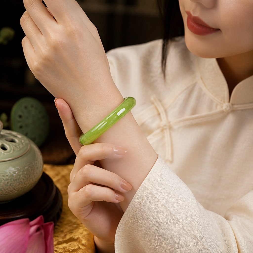 Vòng Đá Chalcedony Xanh Lá Bản Hẹ Mẫu 2 - VDQ029