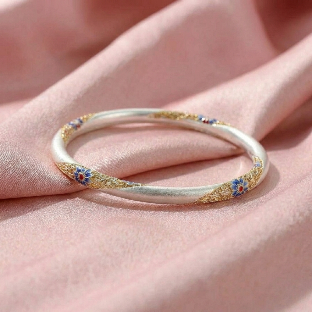 Vòng Tay Bạc Men Màu Xanh - Vòng Đặc Bạc Nguyên Chất - VTBMMX0023