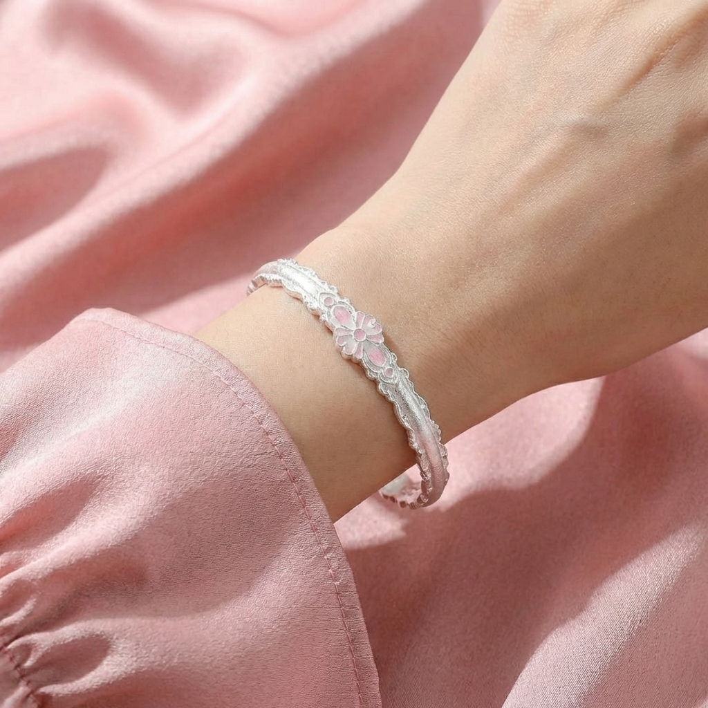 Vòng Tay Bạc Hoa Men Màu - Vòng Đặc Bạc Nguyên Chất - VTBHMM0007