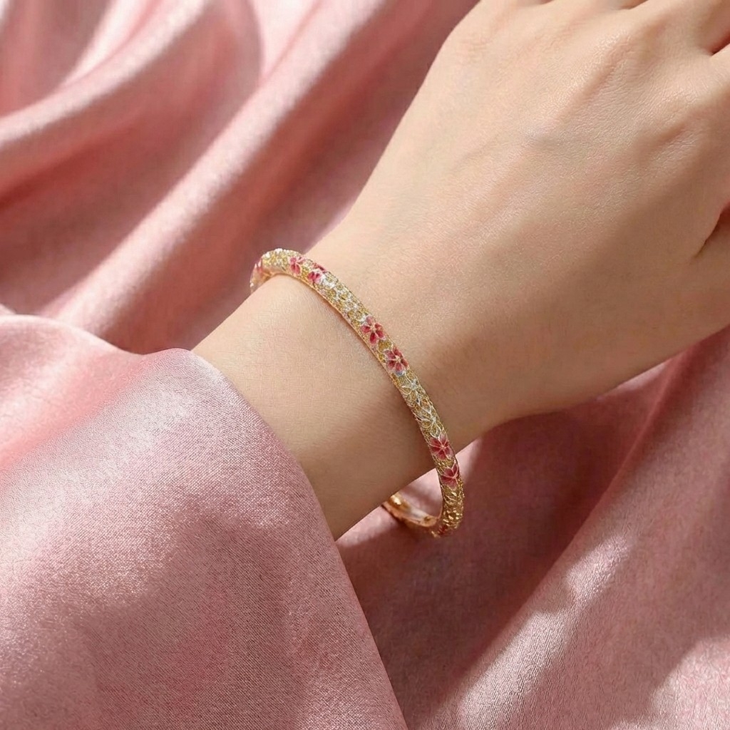 Vòng Tay Bạc Hoa Đỏ Men Màu - Vòng Đặc Bạc Nguyên Chất - VTBHĐMM0005