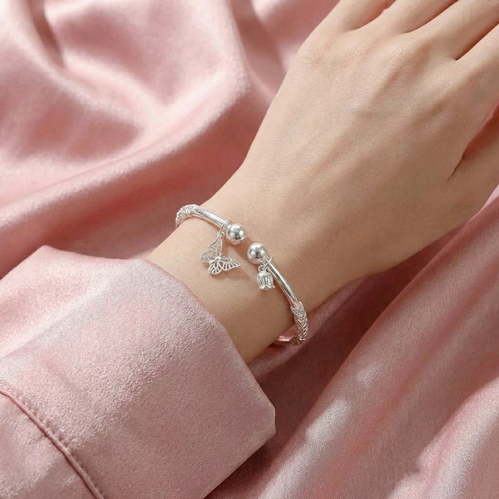 Vòng Tay Bạc Hồ Điệp Kiềng Hở - Vòng Đặc Bạc Nguyên Chất - VTBHDKH0012