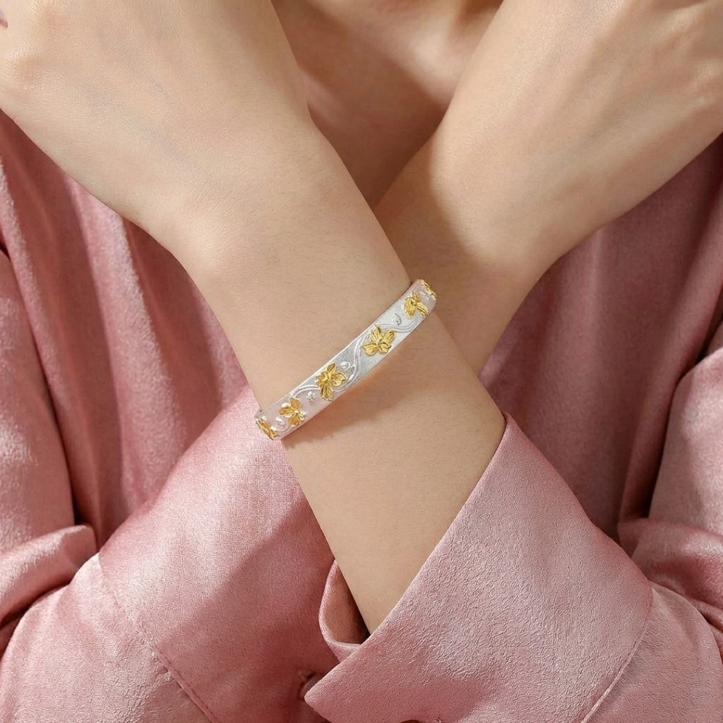 Vòng Tay Bạc Kiềng Hoa Mạ Vàng 24K - Vòng Đặc Bạc Nguyên Chất - VTBKHMV0037