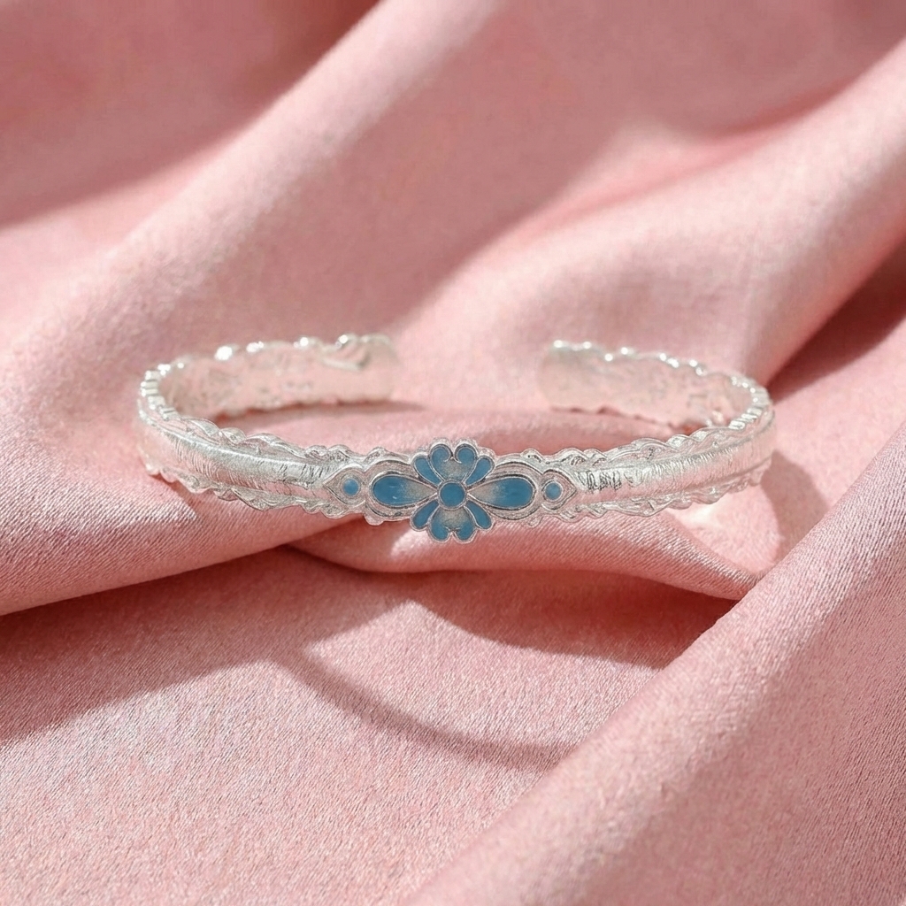 Vòng Tay Bạc Hoa Men Màu - Vòng Đặc Bạc Nguyên Chất - VTBHMM0008