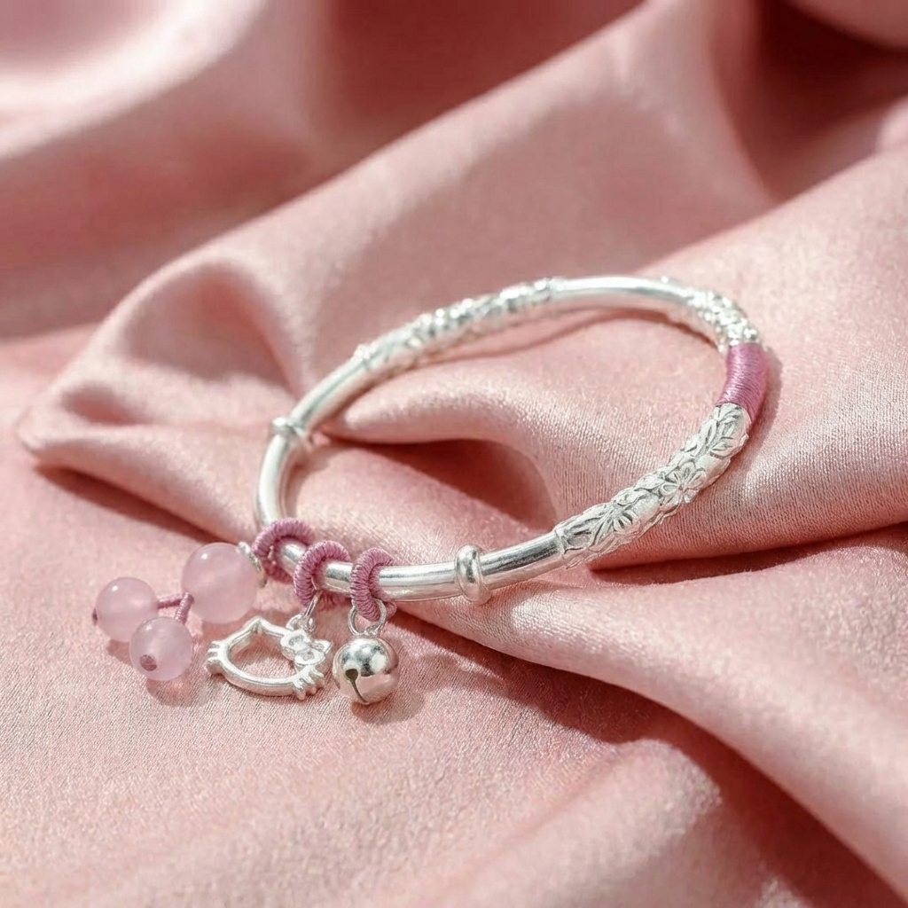 Vòng Tay Bạc Mix Charm Hồng - Vòng Đặc Bạc Nguyên Chất - VTBMCH0019