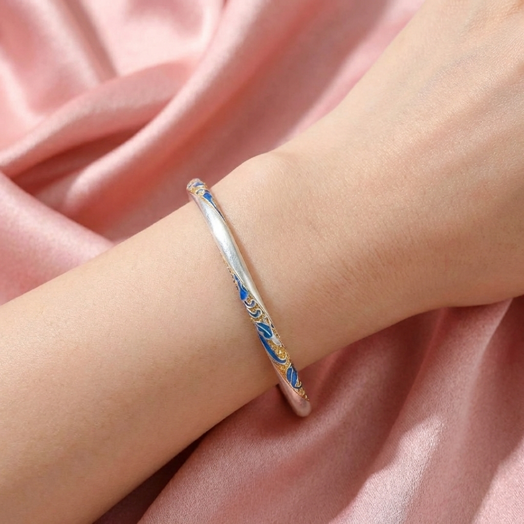 Vòng Tay Bạc Men Màu Xanh Dương - Vòng Đặc Bạc Nguyên Chất - VTBMMXD0022