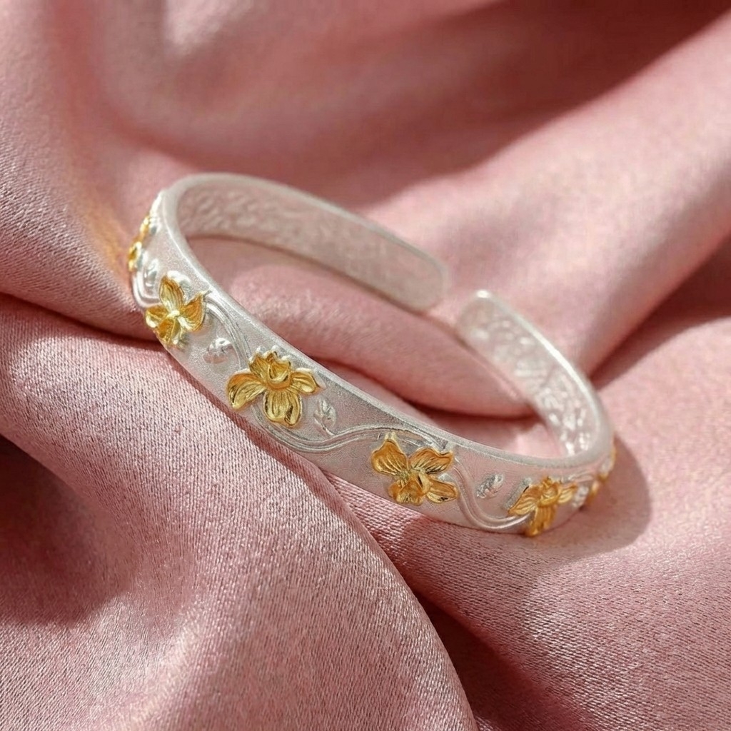 Vòng Tay Bạc Kiềng Hoa Mạ Vàng 24K - Vòng Đặc Bạc Nguyên Chất - VTBKHMV0037