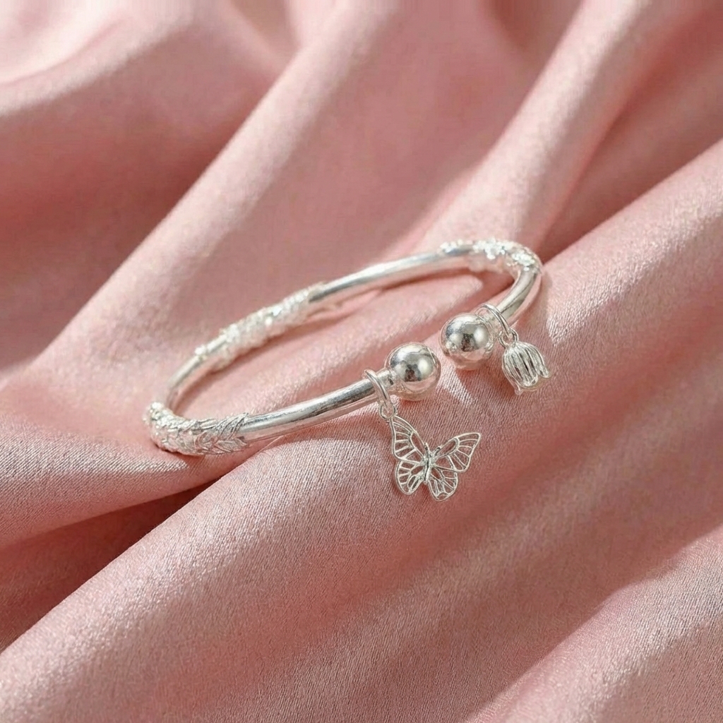 Vòng Tay Bạc Hồ Điệp Kiềng Hở - Vòng Đặc Bạc Nguyên Chất - VTBHDKH0012