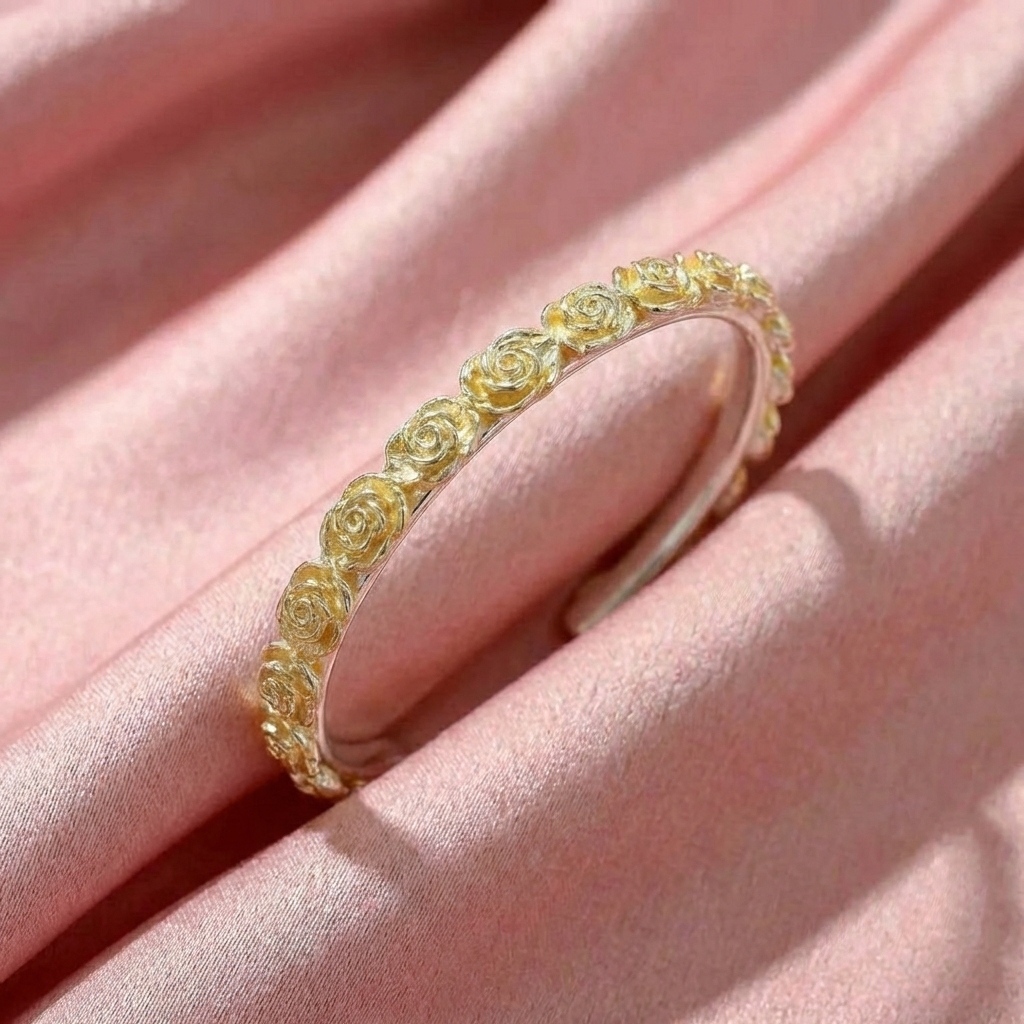 Vòng Tay Bạc Kiềng Hoa Hồng Vàng - Vòng Đặc Bạc Nguyên Chất - VTBKHHV0015