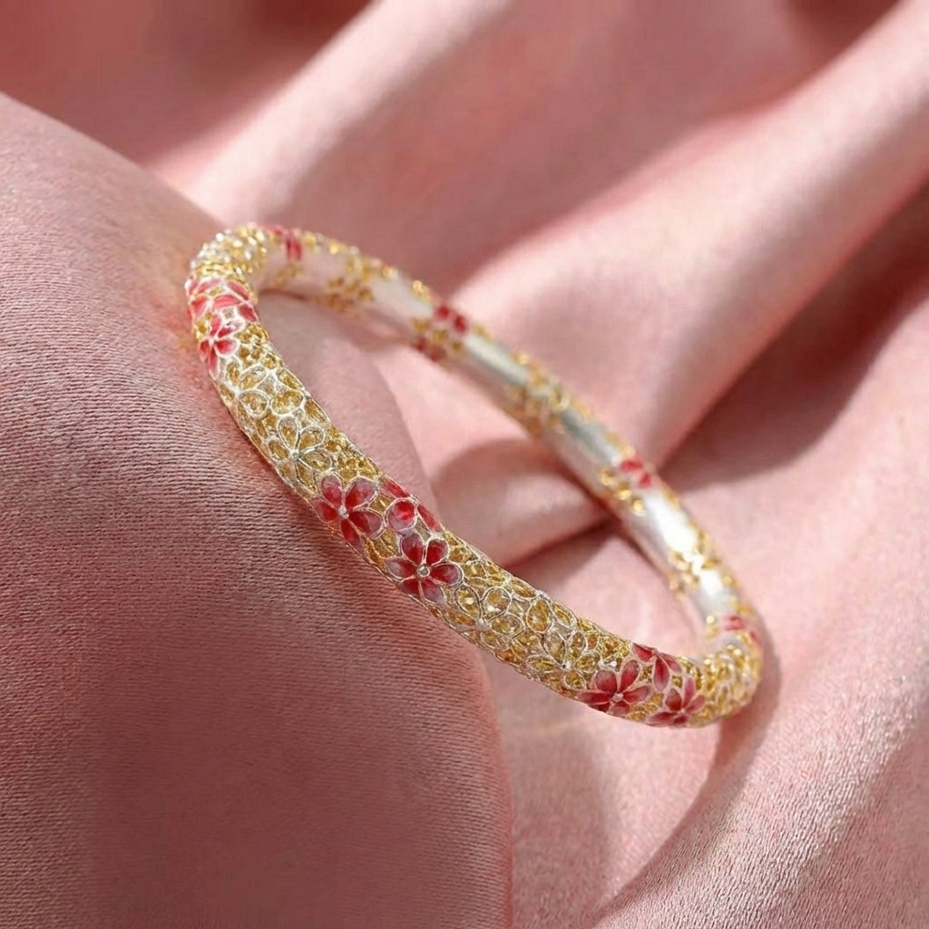 Vòng Tay Bạc Hoa Đỏ Men Màu - Vòng Đặc Bạc Nguyên Chất - VTBHĐMM0005