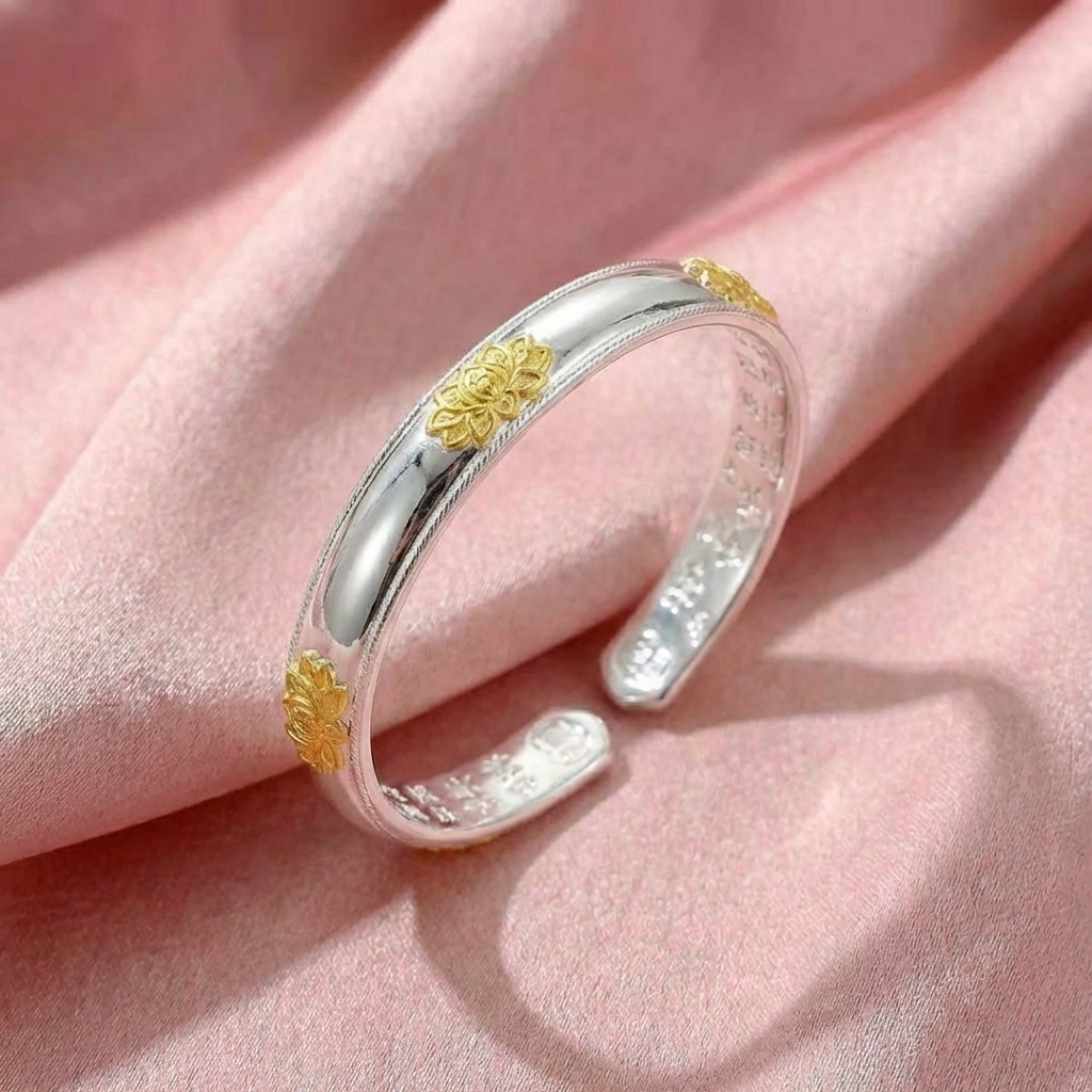 Vòng Tay Bạc Hoa Sen Vàng - Vòng Đặc Bạc Nguyên Chất - VTBHSV0010
