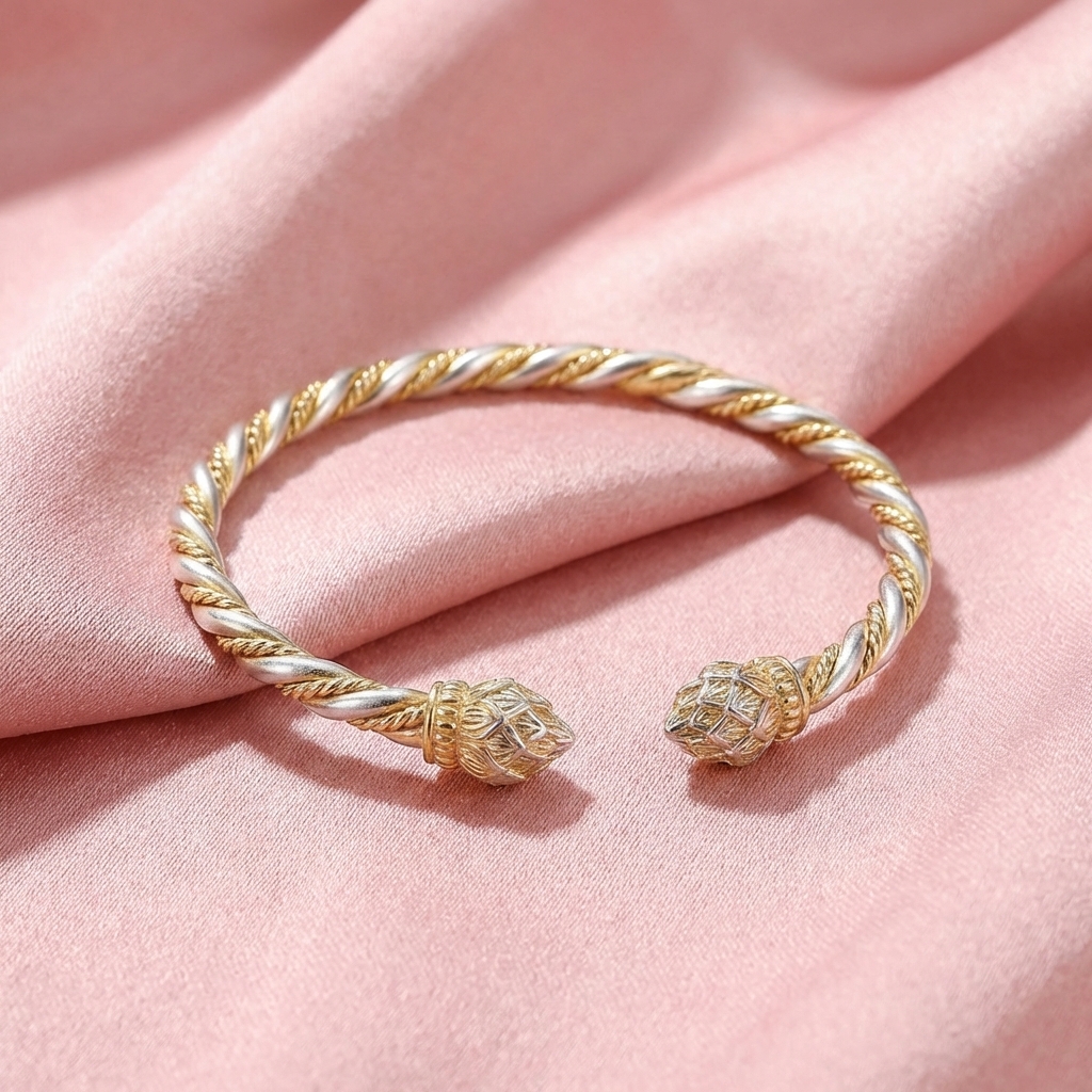 Vòng Tay Bạc Kiềng Xoắn Hoa Sen - Vòng Đặc Bạc Nguyên Chất - VTBKXHS0048