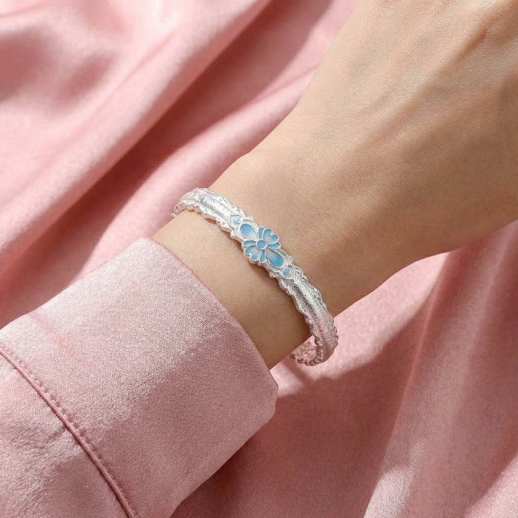 Vòng Tay Bạc Hoa Men Màu - Vòng Đặc Bạc Nguyên Chất - VTBHMM0008