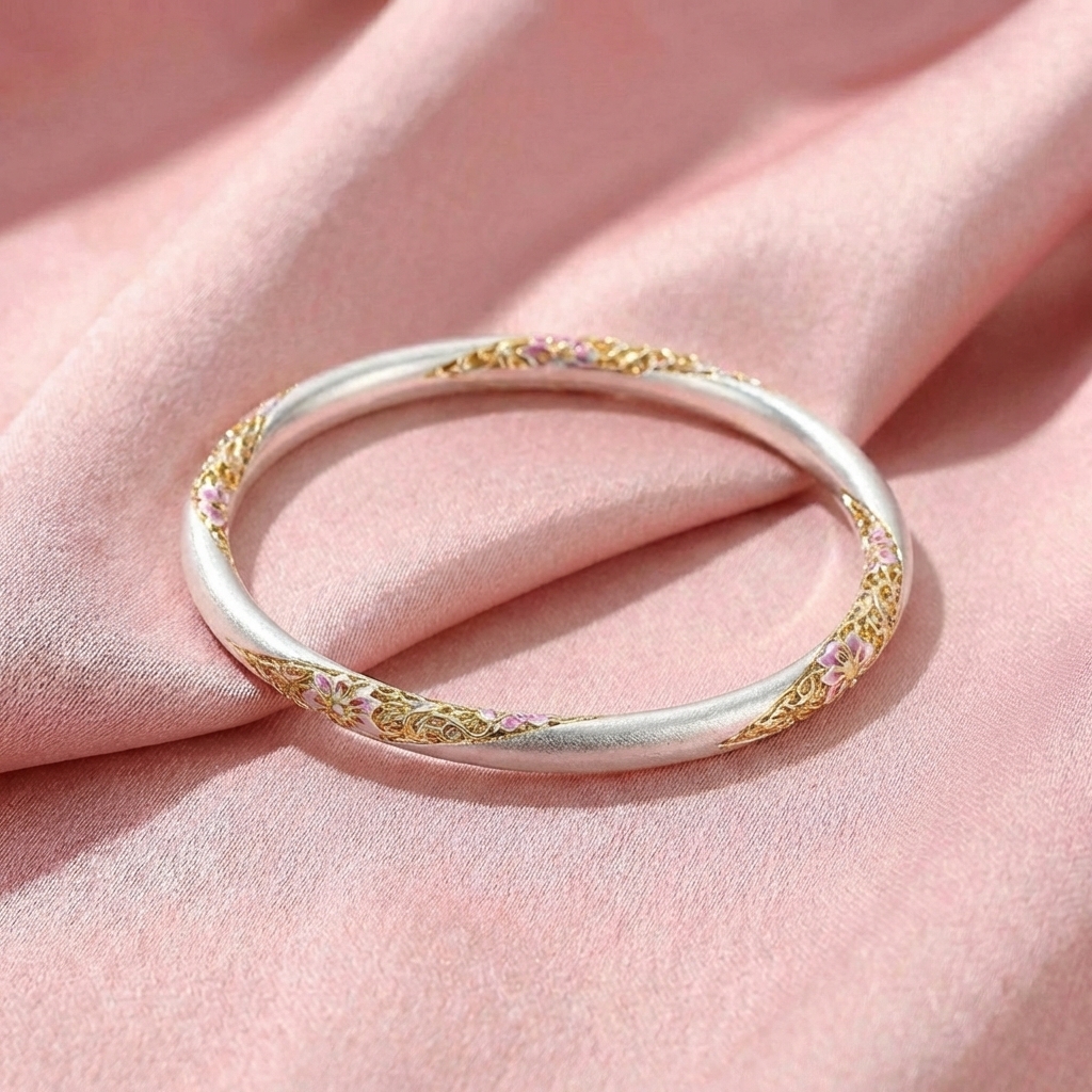 Vòng Tay Bạc Men Màu Vàng - Vòng Đặc Bạc Nguyên Chất - VTBMMV0024