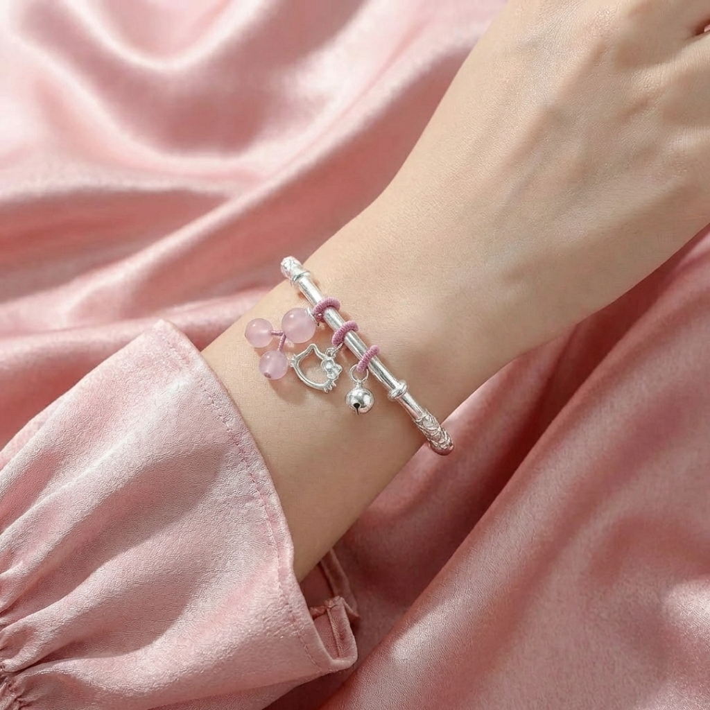 Vòng Tay Bạc Mix Charm Hồng - Vòng Đặc Bạc Nguyên Chất - VTBMCH0019