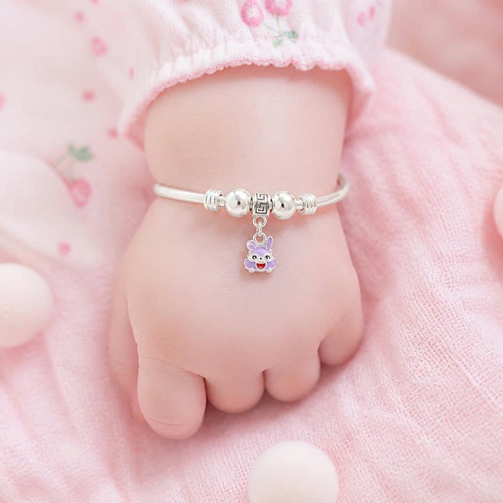 Vòng Tay Bạc Nguyên Chất 99 Cho Bé - Charm Mèo Tím Hồng - VTB99B005