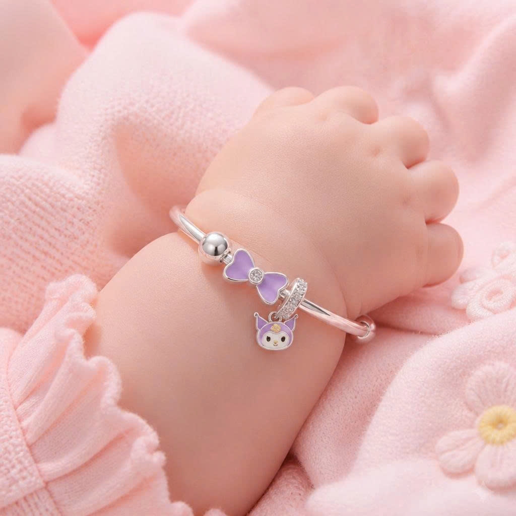 Vòng Tay Bạc Nguyên Chất 99 Cho Bé - Charm Mèo Tím Hồng - VTB99B005
