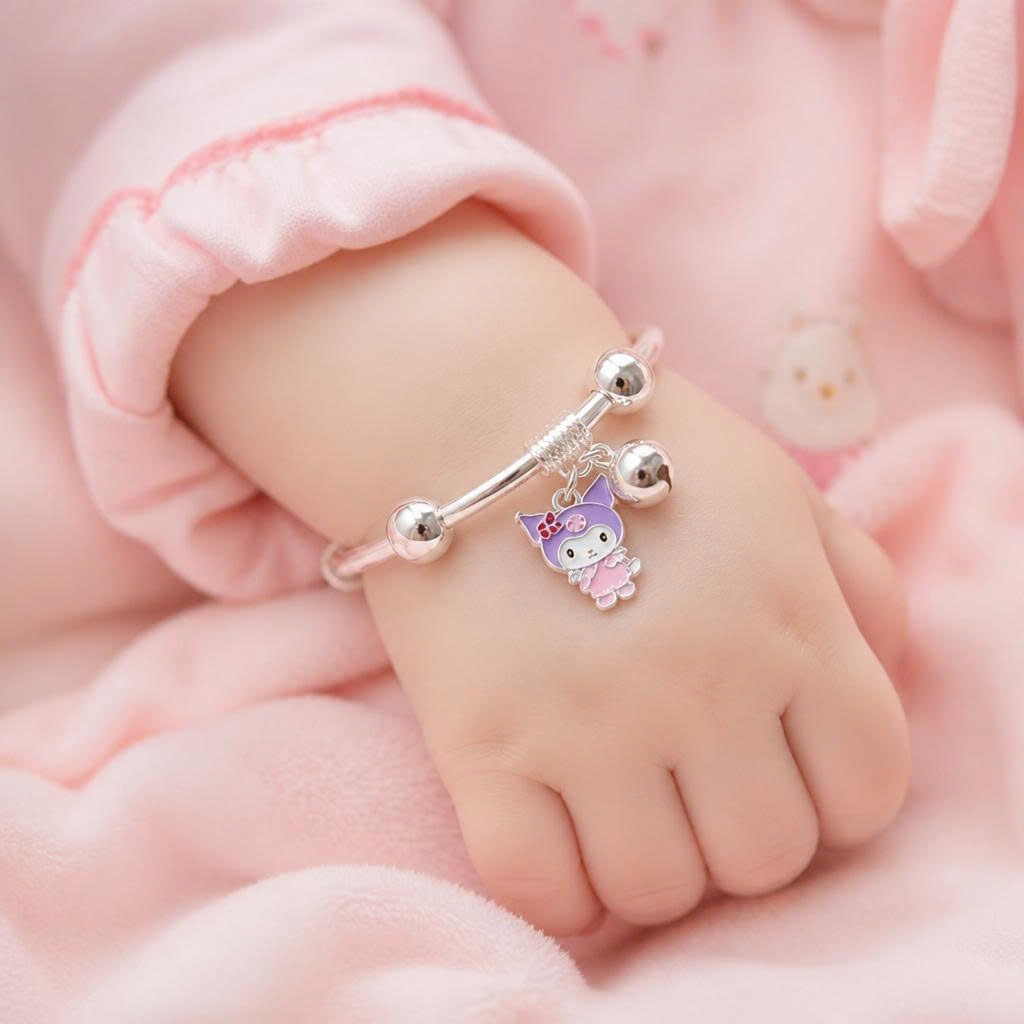 Vòng Tay Bạc Nguyên Chất 99 Cho Bé - Charm Mèo Tím Hồng - VTB99B005