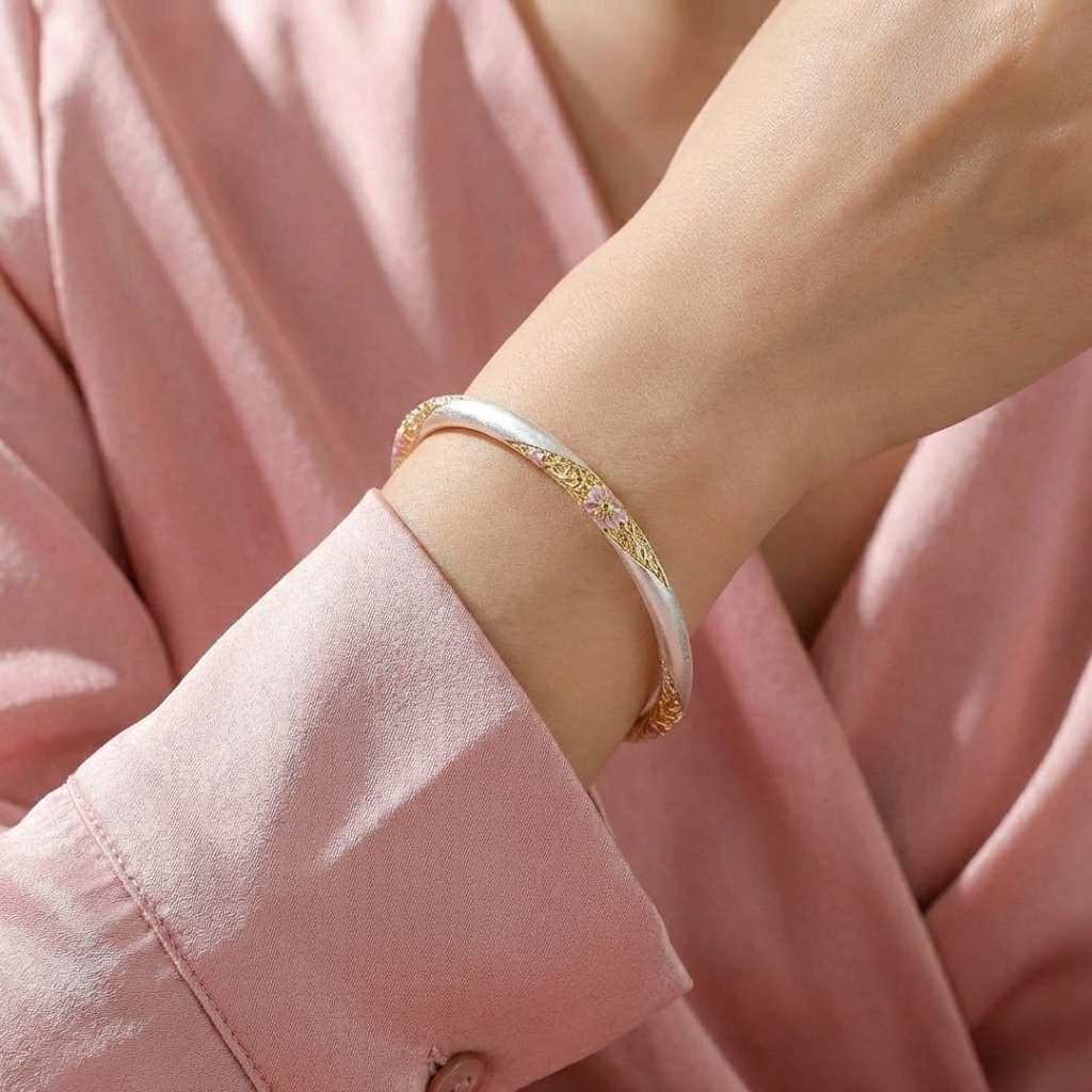 Vòng Tay Bạc Men Màu Vàng - Vòng Đặc Bạc Nguyên Chất - VTBMMV0024