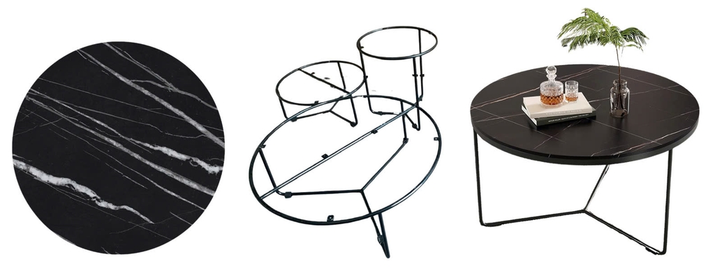 Vinahardware Round Coffee Table With Black Ceramic Stone Top