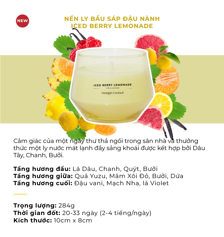 Nến ly bầu Yankee Candle mùi Iced Berry Lemonade