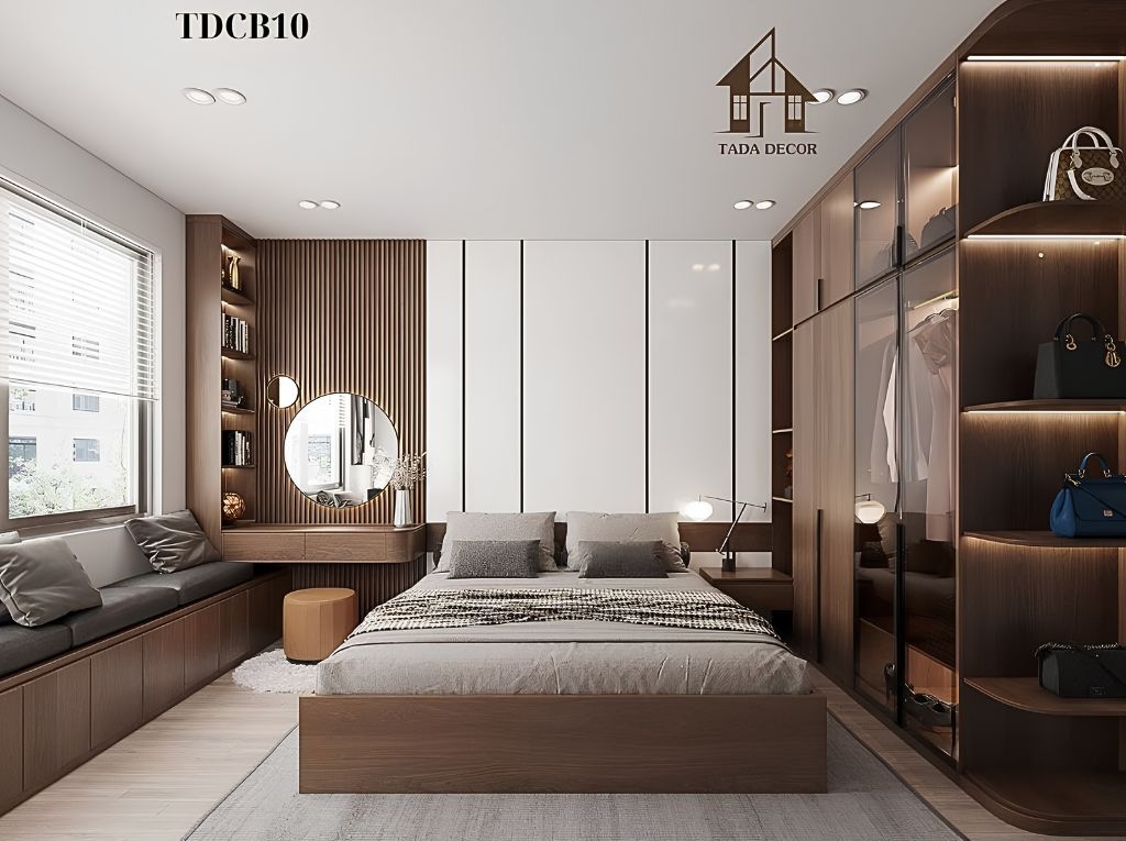 Mẫu phòng ngủ tân hôn hiện đại với gam màu gỗ ấm áp và thiết kế tinh tế