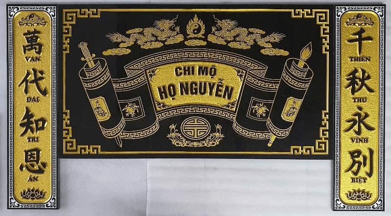Cuốn thư câu đối lăng mộ chữ nổi 3D đẹp bằng đá granite nguyên khối