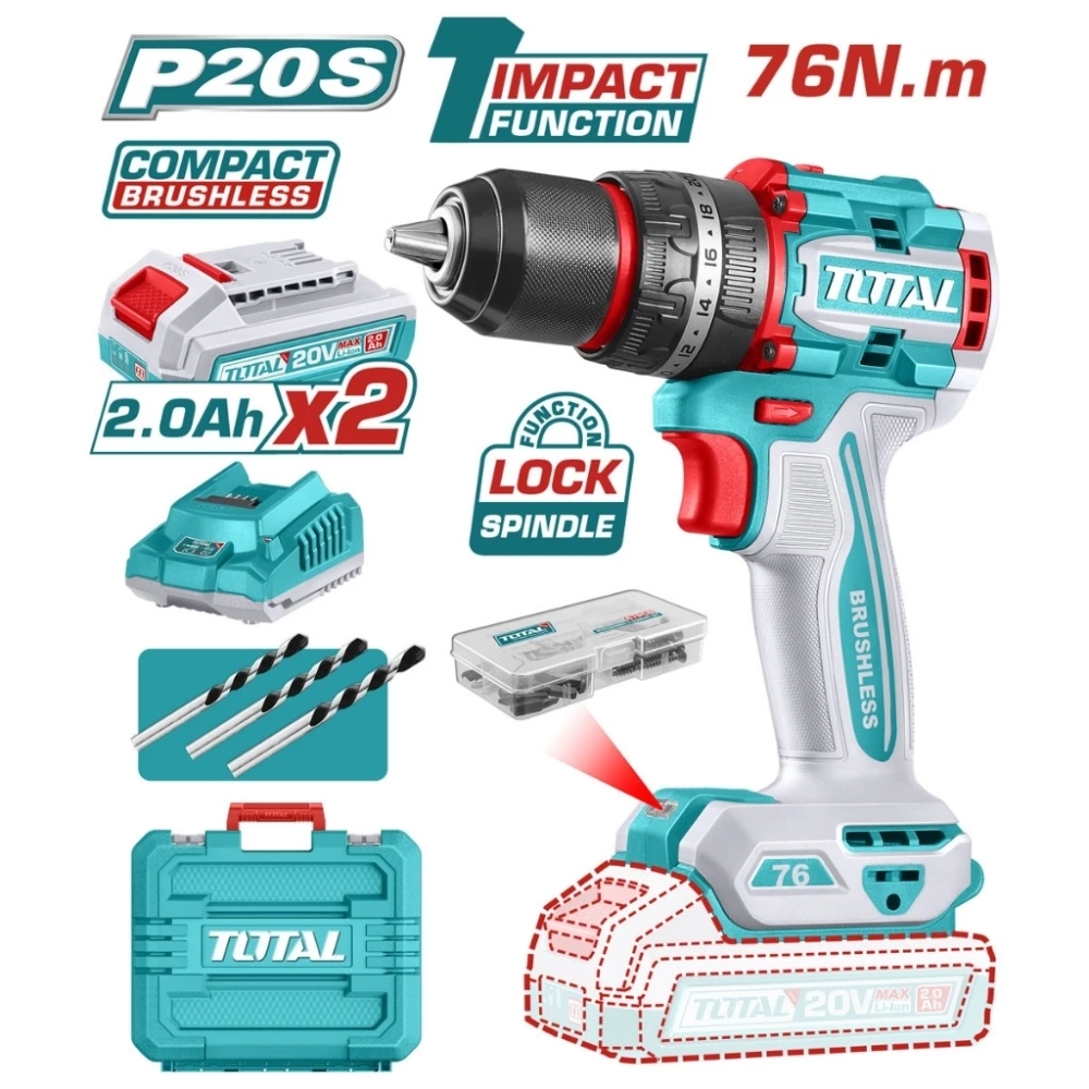 Máy khoan pin 20v 76Nm có búa không chổi than Total TIDLI20768 (2pin 2Ah)