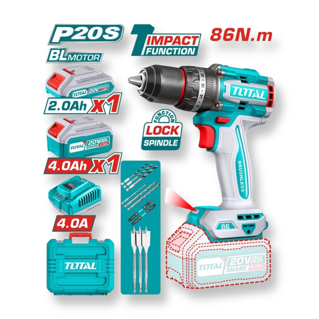 Máy khoan pin 20v lực 86Nm có búa Total TIDLI20868 (1 pin 4ah + 1 pin 2 ah)