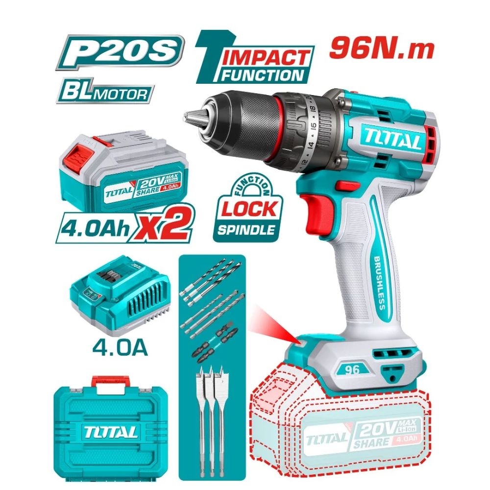 Máy khoan pin 20v 96Nm có búa Total TIDLI20968 (2pin 4Ah + 1 sạc)