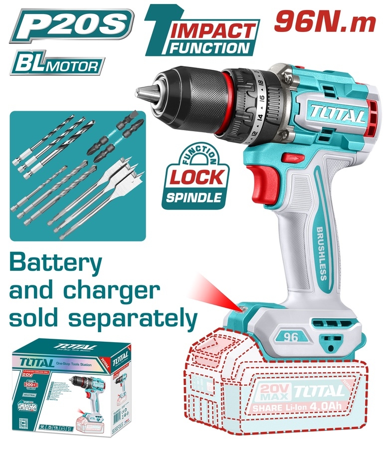 Thân máy khoan pin 20v có búa 96Nm không chổi than Total TIDLI209681