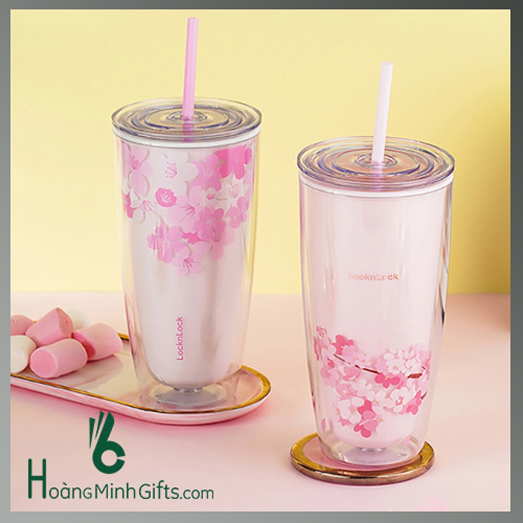 LY NHỰA 2 LỚP CHERRY BLOSSOM KÈM ỐNG HÚT LOCK&LOCK DOUBLE WALL COLD CUP 750ML HAP509