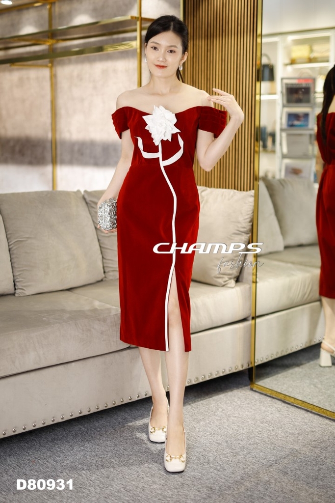 Đầm ôm body nhung lệch vai màu đỏ - C3389