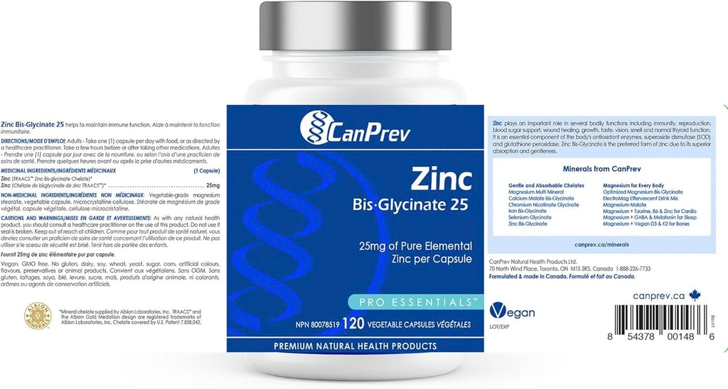 CanPrev Zinc Bis-Glycinate 25mg - Viên Uống Kẽm (120 Viên)