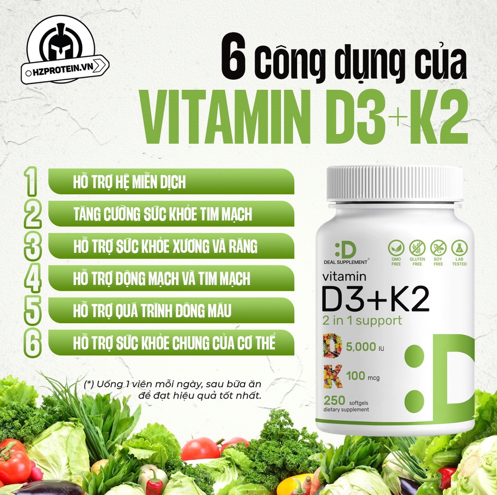 Deal Supplement Vitamin D3 + K2 - Viên uống bổ sung Vitamin D (250 viên)