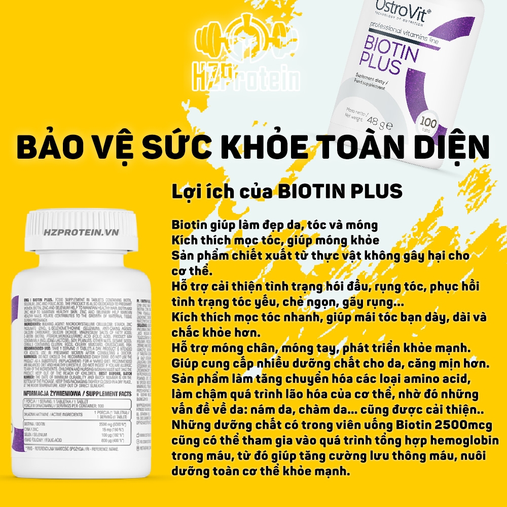 OSTROVIT BIOTIN PLUS - TĂNG CƯỜNG MIỄN DỊCH, HỖ TRỢ ĐẸP DA, KHỎE MÓNG , MỌC TÓC (100 VIÊN)