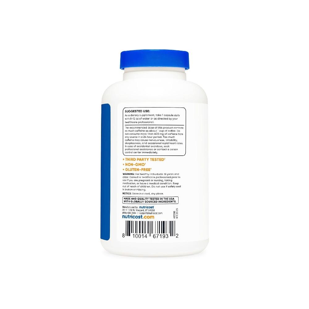 Nutricost Caffeine + L-Theanine Capsules - Hỗ Trợ Tỉnh Táo, Tập Trung , Hỗ Trợ Giảm Mỡ (240 Viên)