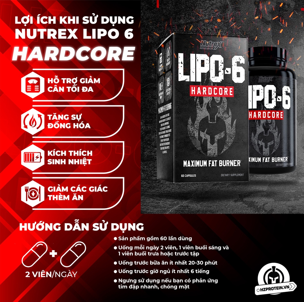 NUTREX LIPO 6 HARDCORE (60 VIÊN) - ĐỐT MỠ MẠNH NHẤT PHIÊN BẢN MỚI