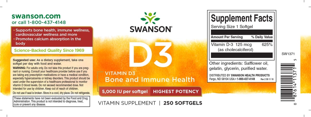 SWANSON VITAMIN D3 5000IU - 250 VIÊN