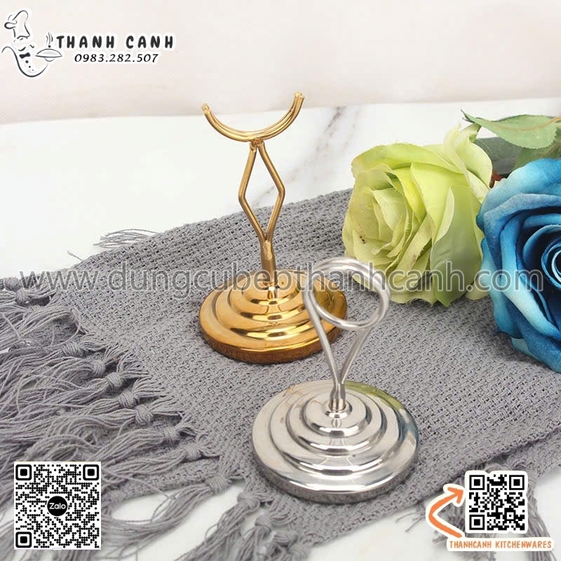 chân đế biển tên, kẹp biển tên món, kẹp inox màu vàng, chân đế name tag