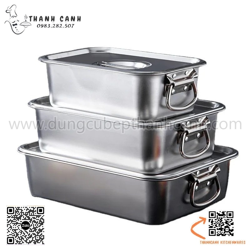 Khay inox chữ nhật có quai cầm , khay inox có nắp đậy