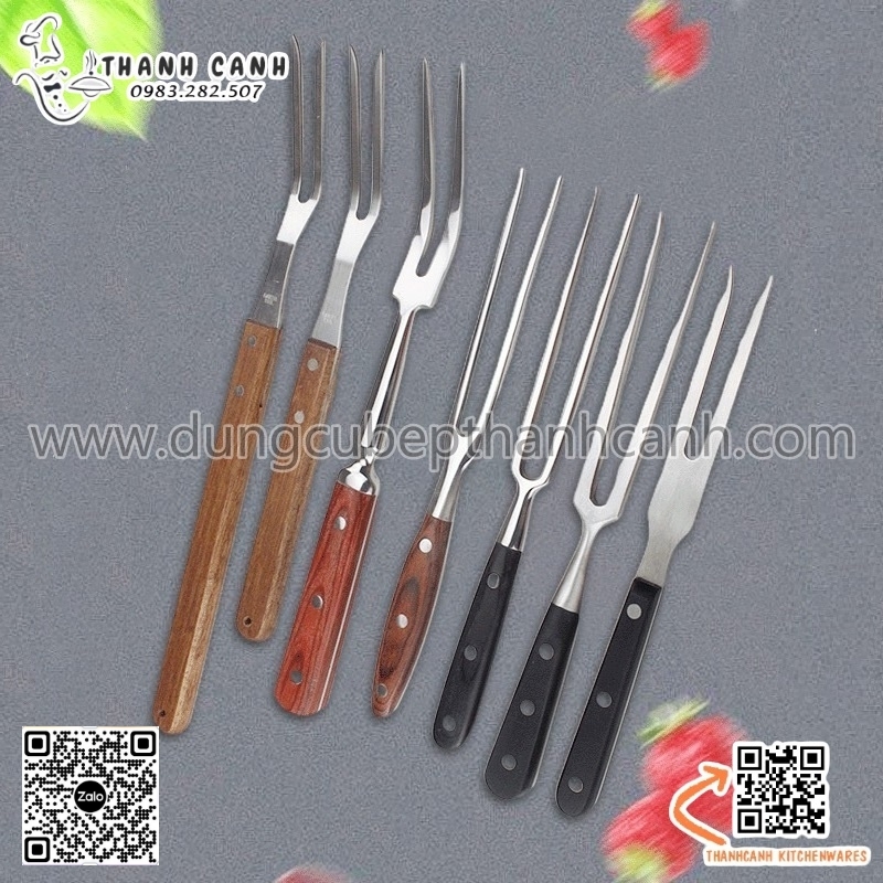 Dĩa xiên thịt inox, nĩa inox xiên thịt hai răng cán gỗ, Dụng Cụ Xiên ...