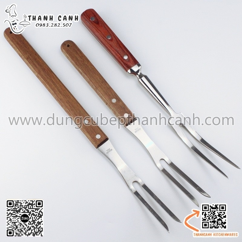 Dĩa xiên thịt inox, nĩa inox xiên thịt hai răng cán gỗ, Dụng Cụ Xiên ...