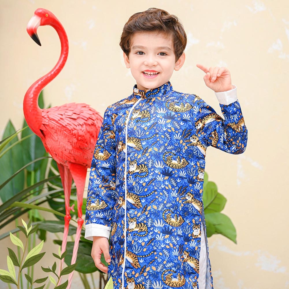 Áo dài bé trai lụa gấm cách tân họa tiết chú hổ tinh nghịch MamLa