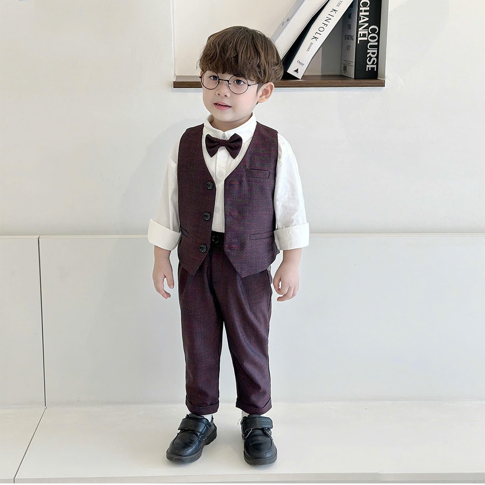 Set Gile bé trai 4 chi kết hợp sơ mi trắng nơ cổ công tử vải mềm mịn hàng thiết kế MamLa LB203